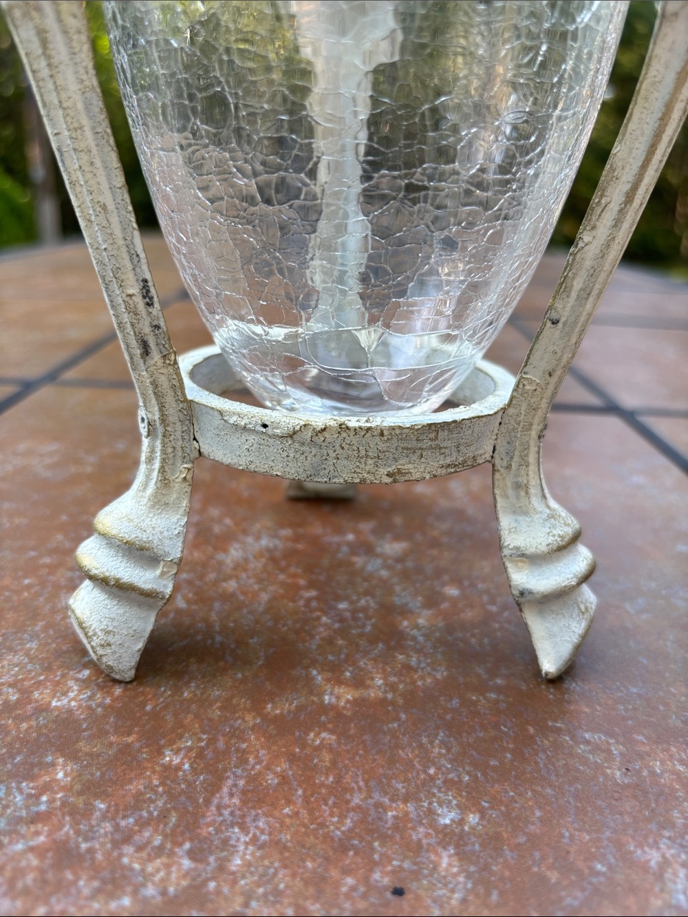 Decorative Clear Crackle Glass Vase/Candle Holder Distressed White Metal Stand - Picture 6 of 8